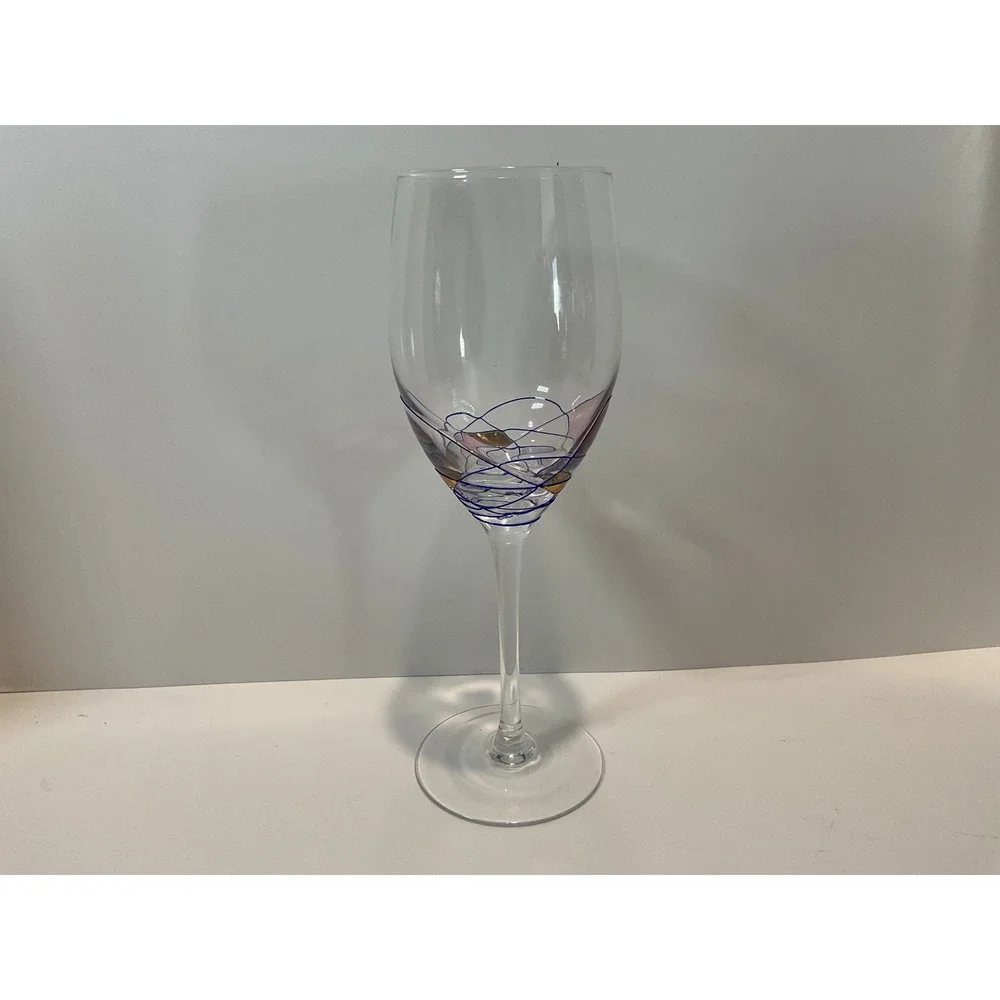 Set of 3‎ Art Glass Wine Glasses Swirl Design Pink Blue Accent
